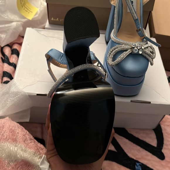 Blue JOHIE Diamante Bow Block Heel Platform Sandals - Picture 2 of 4